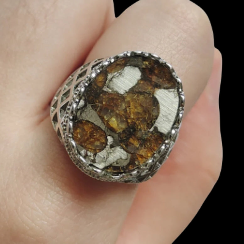 Brenham Meteorite Ring,Nature Meteorite Material Olive Meteorite Ring Jewelry 925 silver. The ring is suitable for various j1.1