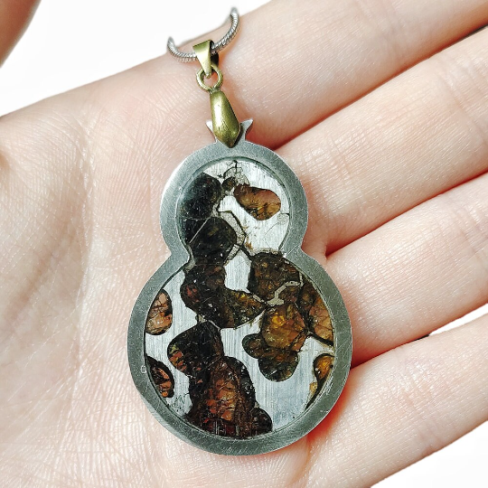 pallasite Meteorite Pendant Natural Meteorite Brenham Olive Meteorite Sliced Necklace Men Women Jewelry TB115